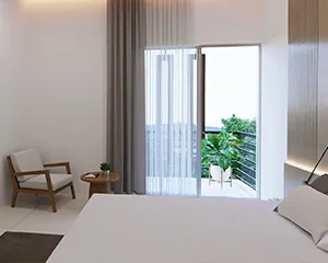 Master bedroom interior with attached balcony